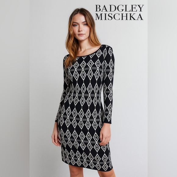 Badgley Mischka Dresses & Skirts - Belle Badgley Mischka Black White Long sleeve BodyCon Full Zip Knit Dress Medium